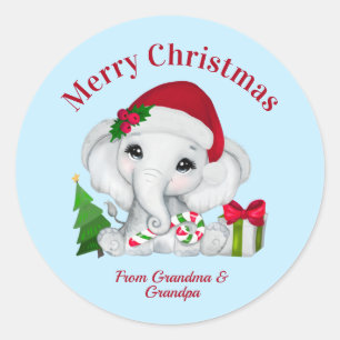 Cute Baby Elephant Merry Christmas Blue Classic Round Sticker