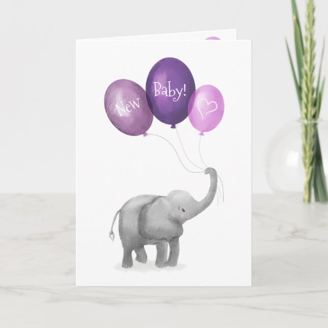 Cute baby elephant new baby card (purple) (Front)