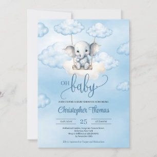 Cute Baby elephant on swing in the sky boy Invitation