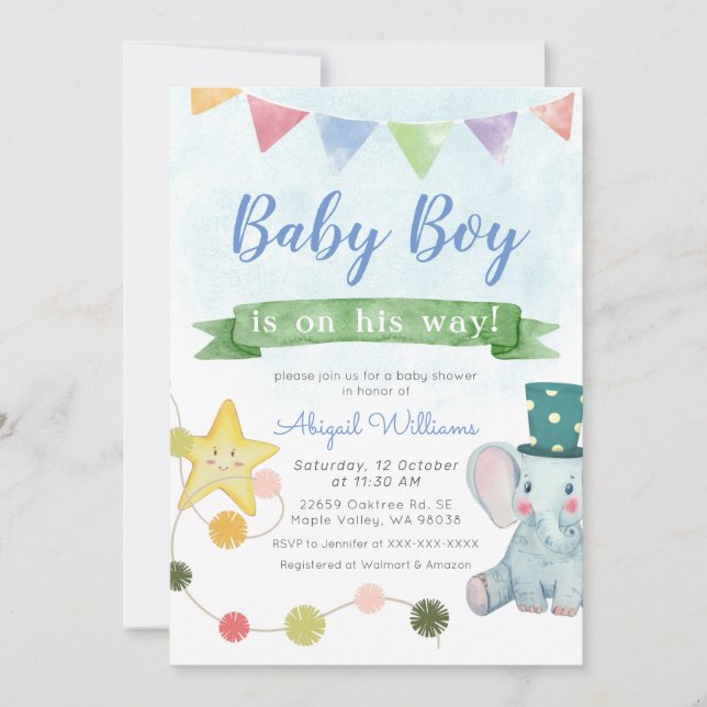 Cute Baby Elephant Party  - Blue Baby Shower Invitation (Front)
