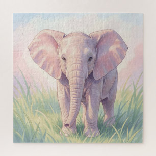 Cute Baby Elephant Pastel Meadow Jigsaw Puzzle