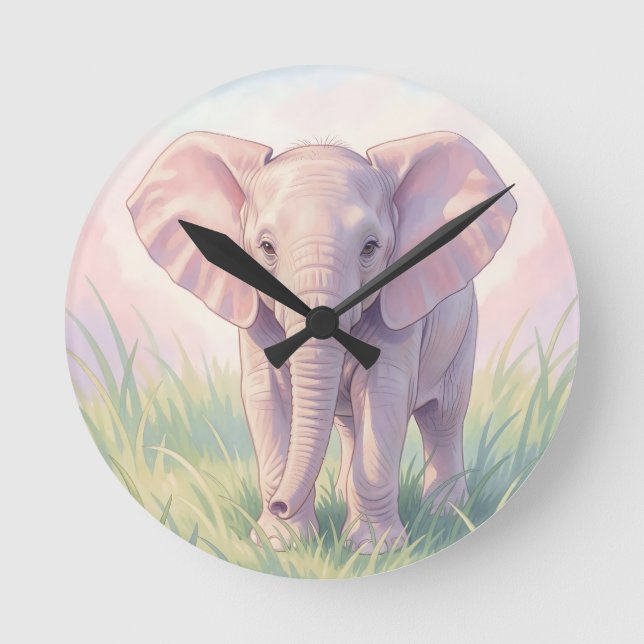 Cute Baby Elephant Pastel Meadow Round Clock (Front)