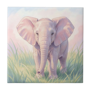 Cute Baby Elephant Pastel Meadow Tile