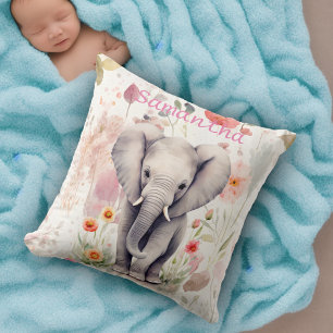 Cute Baby Elephant Pastel Watercolor Spring Flower Cushion