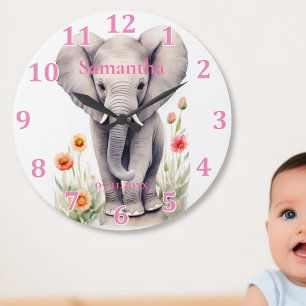 Cute Baby Elephant Pastel Watercolor Spring Flower Large Clock
