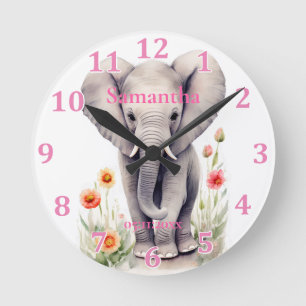 Cute Baby Elephant Pastel Watercolor Spring Flower Round Clock