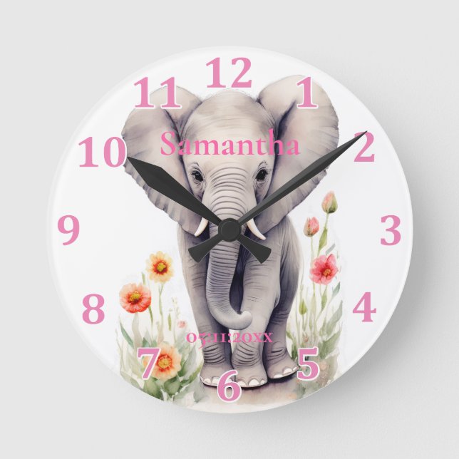 Cute Baby Elephant Pastel Watercolor Spring Flower Round Clock (Front)