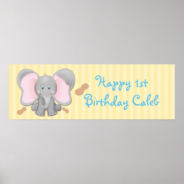 Cute Baby Elephant & Peanuts Birthday Party Banner Poster (Front)