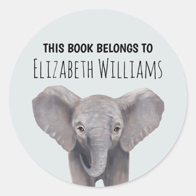 Cute Baby Elephant Personalised Name School  Classic Round Sticker (Front)