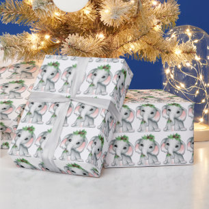 Cute Baby Elephant Pine Bough Christmas Pattern Wrapping Paper