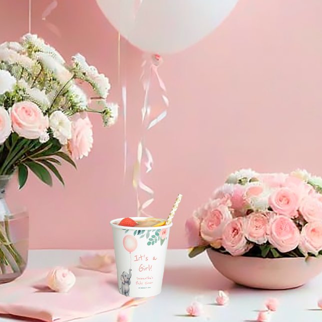 Cute Baby Elephant & Pink Balloon Girl Baby Shower Paper Cups (Creator Uploaded)