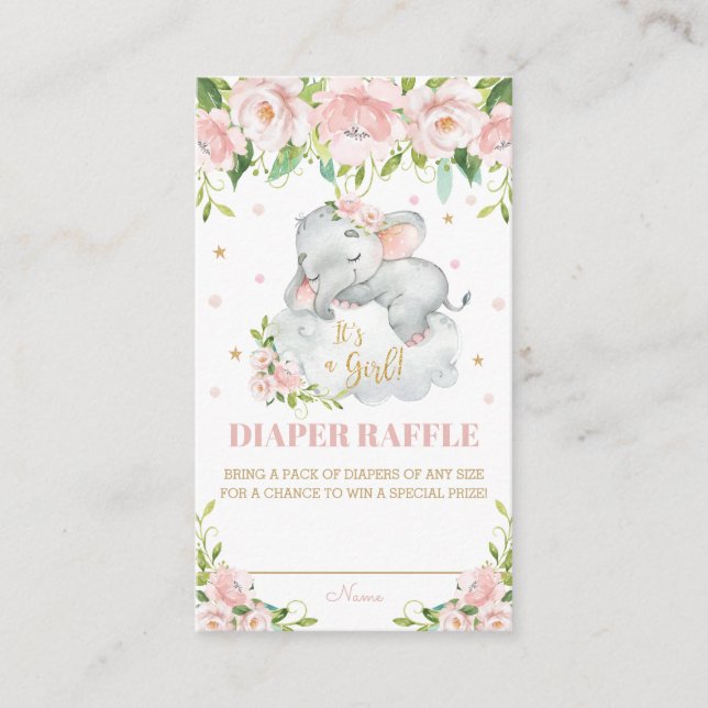 Cute Baby Elephant Pink Blush Floral Diaper Raffle Enclosure Card (Front)