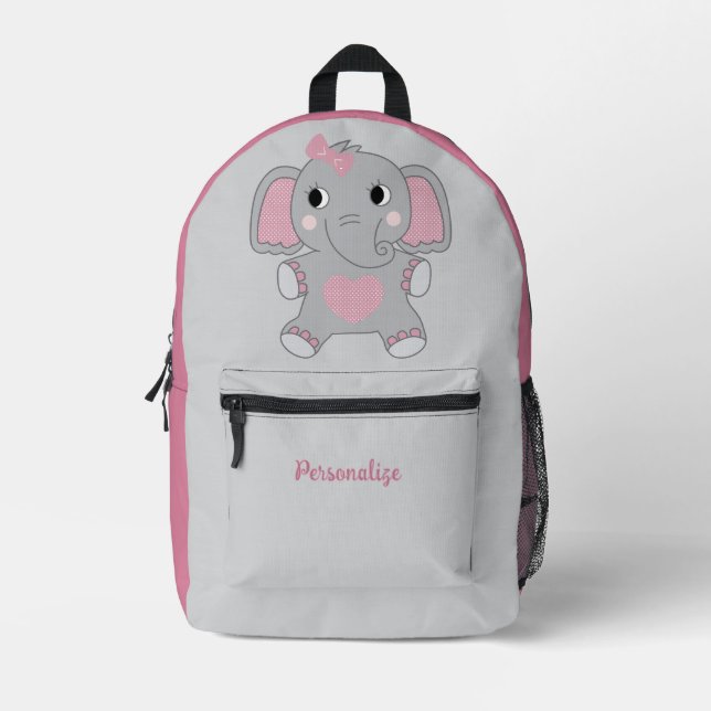 Cute Baby Elephant Pink Ears & Heart Personalised Printed Backpack (Front)
