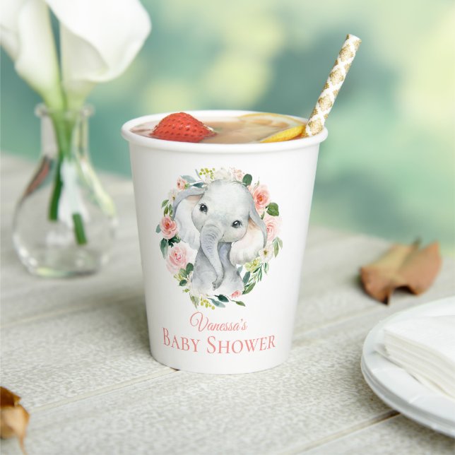 Cute Baby Elephant Pink Floral Baby Shower Paper Cups (Insitu)