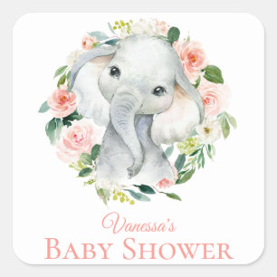 Cute Baby Elephant Pink Floral Baby Shower Square Sticker