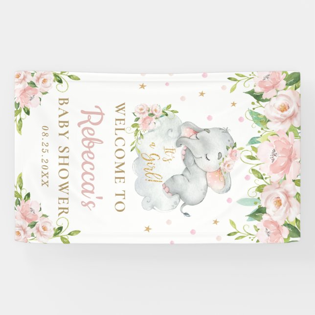 Cute Baby Elephant Pink Floral Backdrop Welcome Banner (Horizontal)