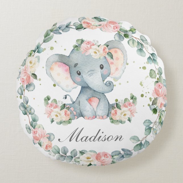 Cute Baby Elephant Pink Floral Greenery Nursery Round Cushion (Front)