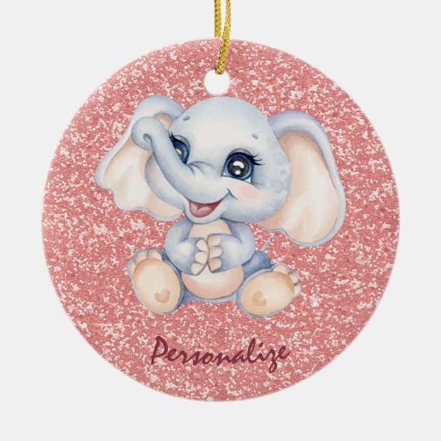Cute Baby Elephant Pink Glitter Personalise Ceramic Tree Decoration (Front)