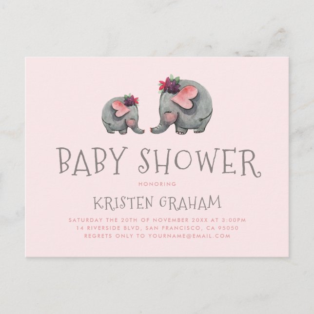 Cute Baby Elephant | Pink Watercolor Baby Shower Invitation Postcard (Front)