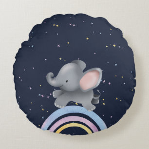 Cute Baby Elephant Playing On A Colourful Rainbow Round Cushion