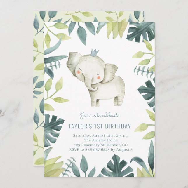 Cute Baby Elephant Prince Tropical Jungle Birthday Invitation (Front/Back)