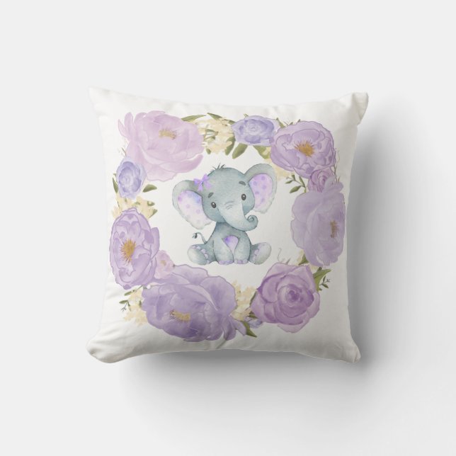 Cute Baby Elephant Purple Floral Girl Nursery Cushion (Front)