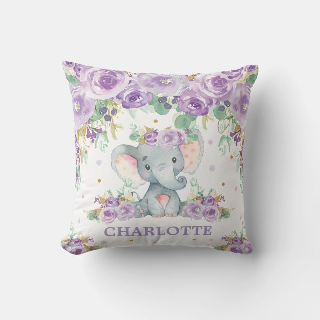 Cute Baby Elephant Purple Floral Girl Nursery Cushion (Front)