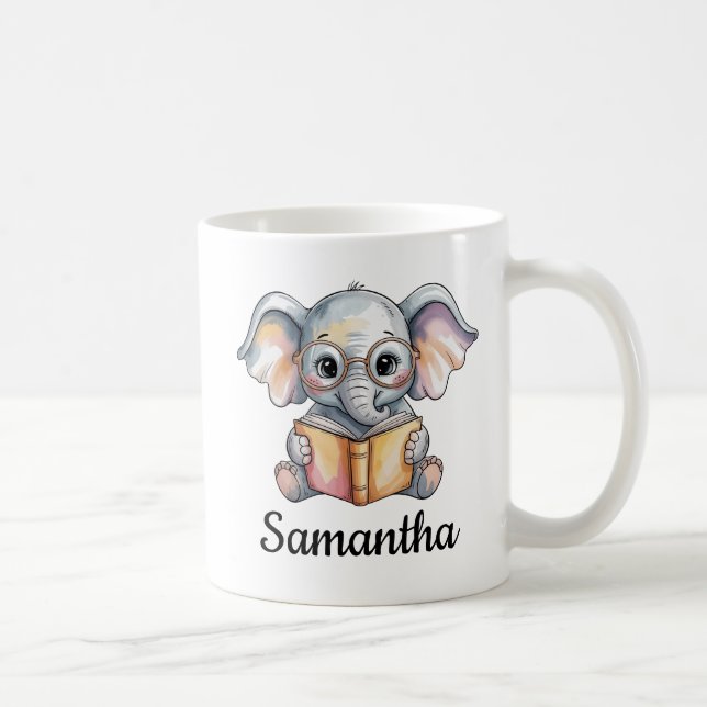 Cute Baby Elephant Reading a Book Custom Coffee Mug (Right)