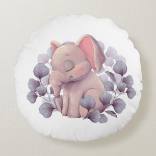 Cute Baby Elephant Sleeping with Leaves Round Cushion