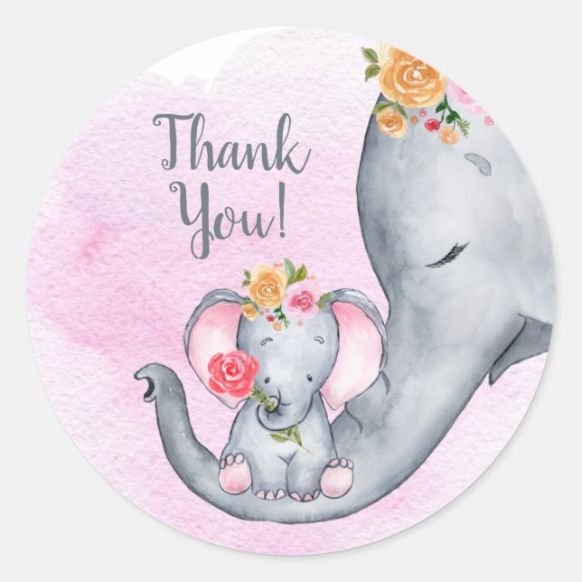 Cute Baby Elephant Thank You Classic Round Sticker (Front)