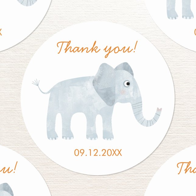 Cute Baby Elephant Thank You Date Classic Round Sticker (Cute baby elephant watercolor thank you sticker with date and custom text)