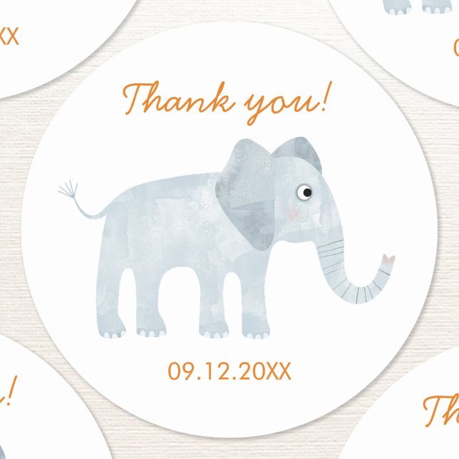 Cute Baby Elephant Thank You Date Classic Round Sticker (Fun baby elephant safari themed custom text thank you sticker with date)