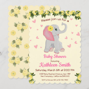 Cute Baby Elephant Watercolor Floral Baby Shower Invitation