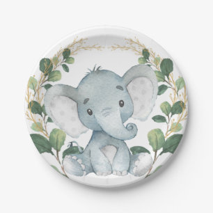 Cute Baby Elephant Watercolor Greenery Gold Party Paper Plate