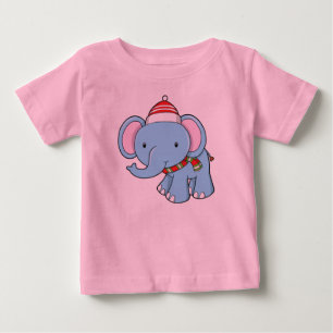 Cute Baby Elephant Wearing Santa Hat & Scarf T-Shirt