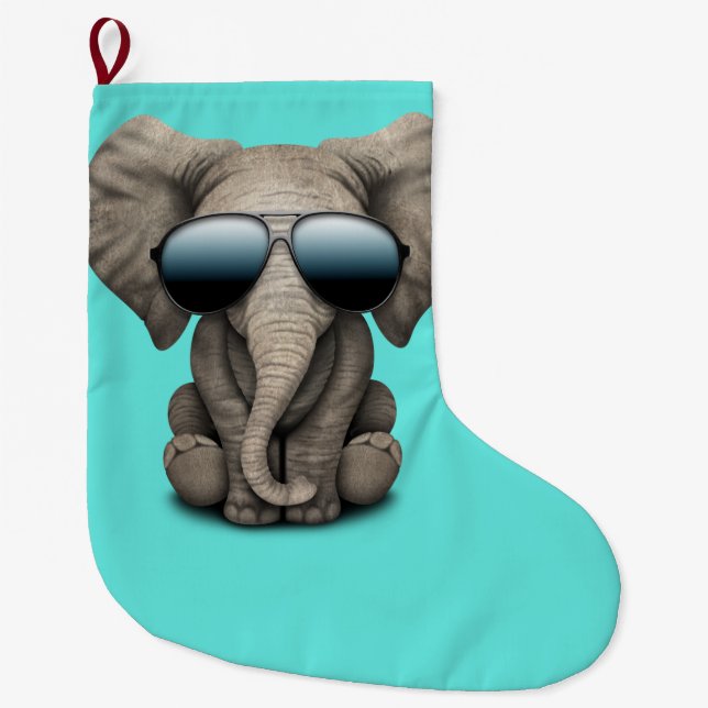 Cute Baby Elephant Wearing Sunglasses Large Christmas Stocking (Front)