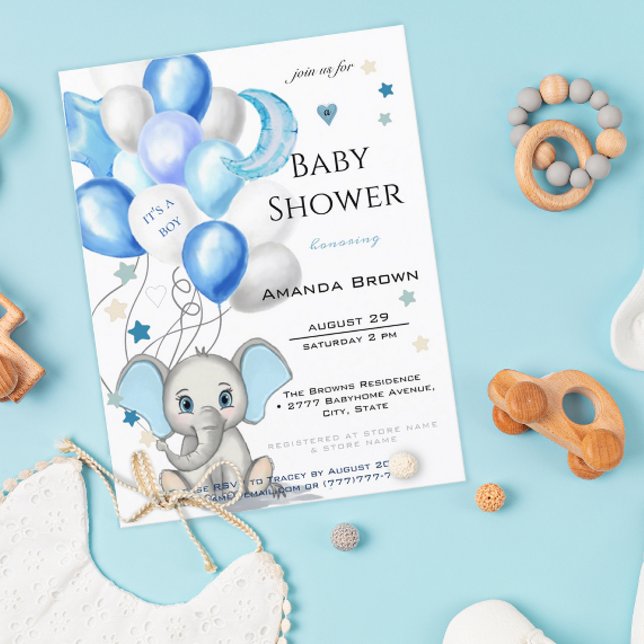 Cute Baby Elephant with Balloons Baby Boy Shower Invitation Postcard (Creator Uploaded)