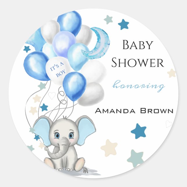 Cute Baby Elephant with Balloons Boy Baby Shower Classic Round Sticker (Front)