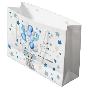 Cute Baby Elephant with Balloons Boy Baby Shower Large Gift Bag