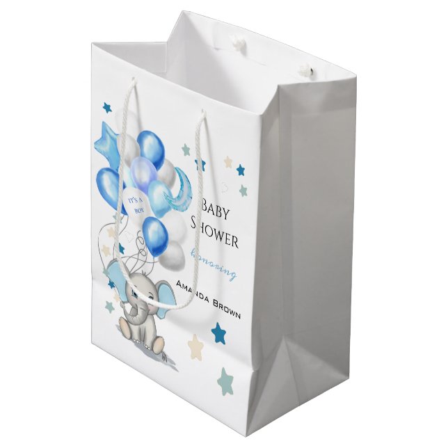 Cute Baby Elephant with Balloons Boy Baby Shower Medium Gift Bag (Front Angled)
