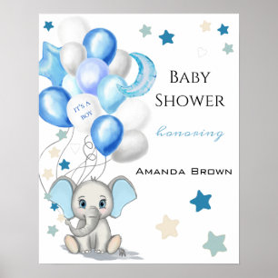 Cute Baby Elephant with Balloons Boy Baby Shower Poster