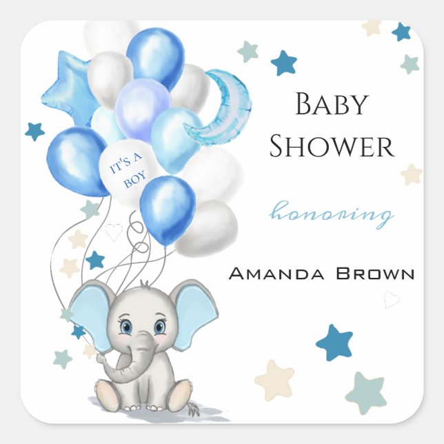 Cute Baby Elephant with Balloons Boy Baby Shower Square Sticker (Front)