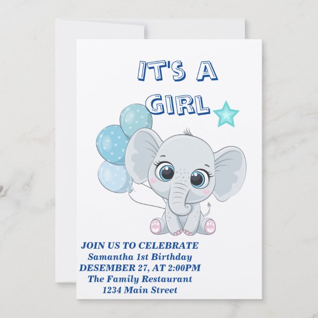Cute Baby Elephant with Balloons Girl Baby Invitation (Front)