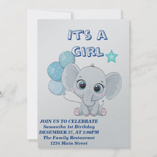 Cute Baby Elephant with Balloons Girl Baby Invitation
