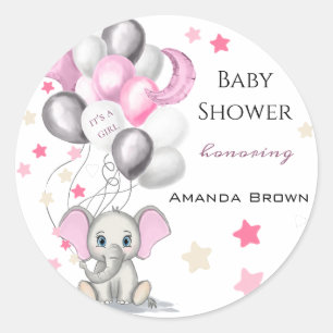 Cute Baby Elephant with Balloons Girl Baby Shower Classic Round Sticker