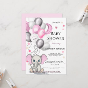 Cute Baby Elephant with Balloons Girl Baby Shower Invitation