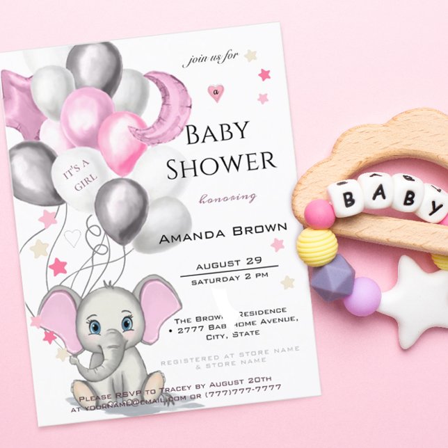 Cute Baby Elephant with Balloons Girl Baby Shower Invitation Postcard (Creator Uploaded)
