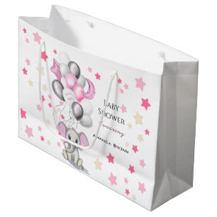Cute Baby Elephant with Balloons Girl Baby Shower Large Gift Bag