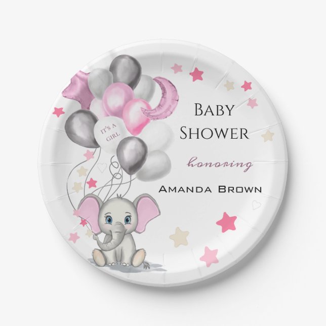 Cute Baby Elephant with Balloons Girl Baby Shower Paper Plate (Front)