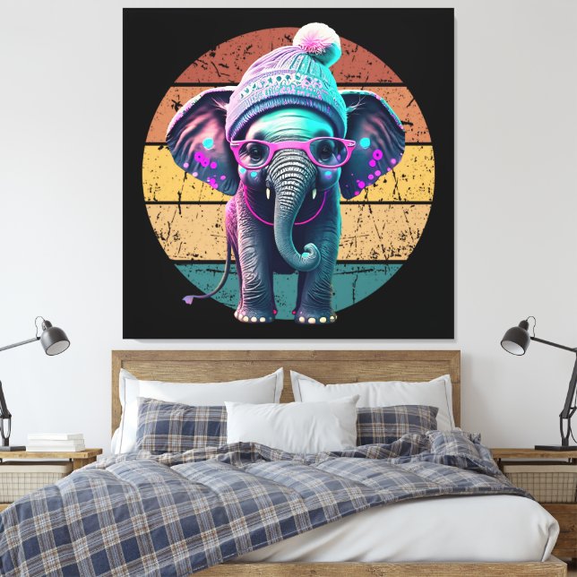 Cute Baby Elephant with Beanie and Pink Glasses Canvas Print (Insitu(Bedroom))